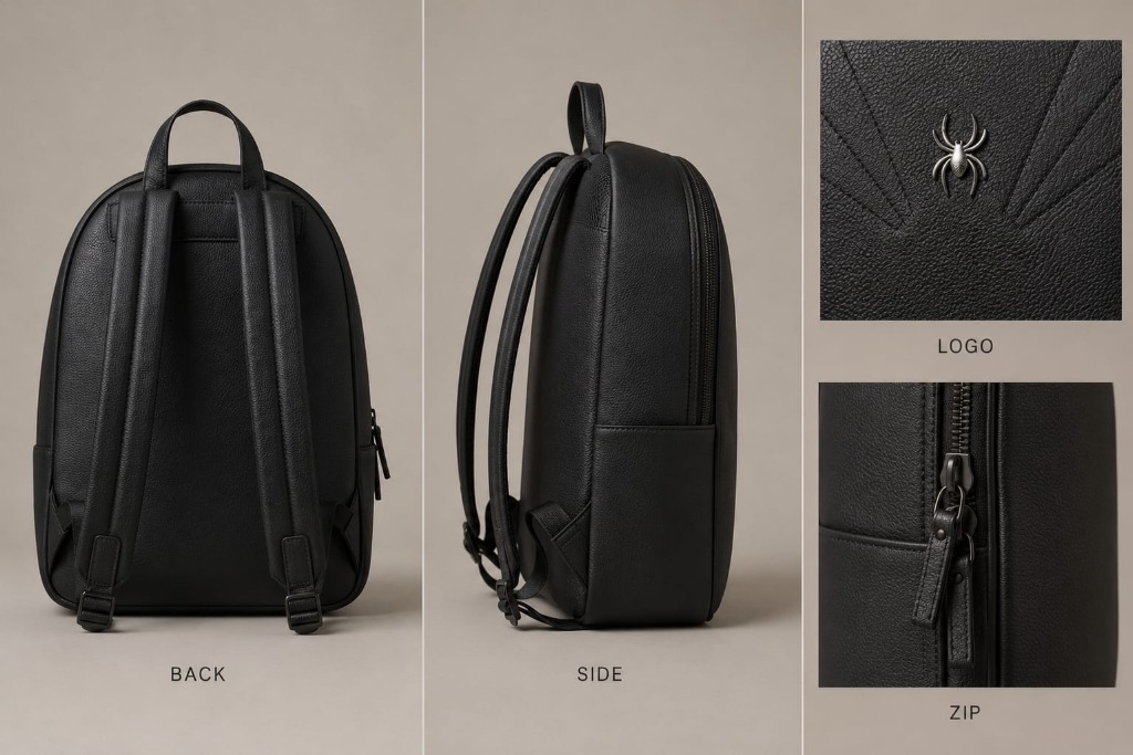 SPIDER backpack detailing — back, side, logo and zip views